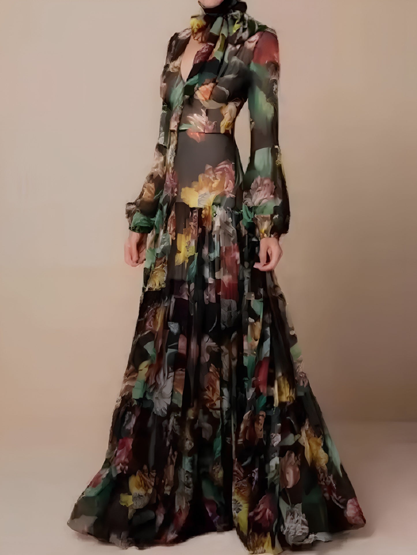 Eminda -Elegante chiffon jurk met lange mouwen en bloemenprint