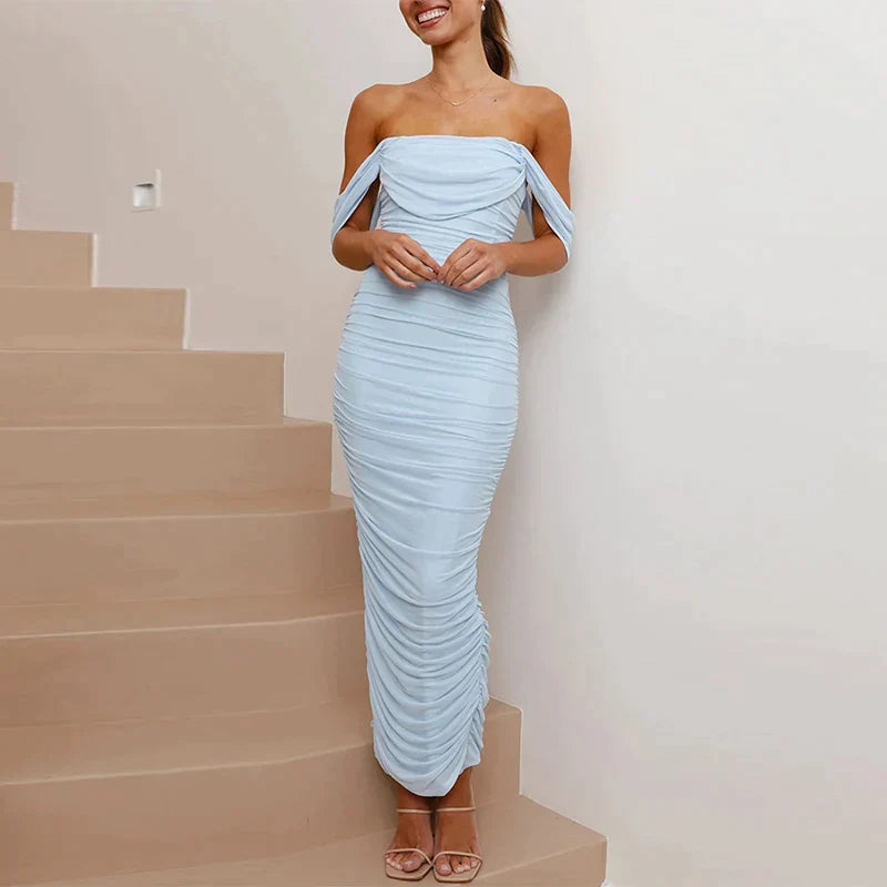 Klydie - Off-the-shoulder maxi jurk met ruches van mesh