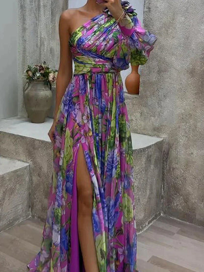 Lilac - Paarse print zijsplit en één mouw sexy maxi-jurk