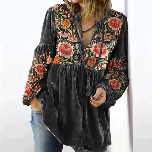 Felisa -Damesblouse met vintage print en V-hals met lange mouwen